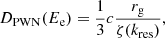 Mathematical equation: $$ \begin{aligned} D_{\rm PWN} (E_{\rm e}) = \frac{1}{3} c \frac{r_{\rm g}}{\zeta (k_{\rm res})}, \end{aligned} $$