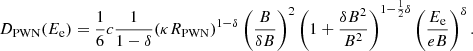 Mathematical equation: $$ \begin{aligned} D_{\rm PWN} (E_{\rm e}) = \frac{1}{6} c \frac{1}{1-\delta } (\kappa R_{\rm PWN})^{1-\delta } \left(\frac{B}{\delta B}\right)^2 \left(1 + \frac{{\delta B}^2}{B^2}\right)^{1-\frac{1}{2}\delta } \left(\frac{E_{\rm e}}{eB}\right)^{\delta }. \end{aligned} $$