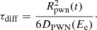 Mathematical equation: $$ \begin{aligned} \tau _{\rm diff} = \frac{R^2_{\rm pwn}(t)}{6D_{\rm PWN}(E_{\rm e})}\cdot \end{aligned} $$