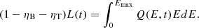 Mathematical equation: $$ \begin{aligned} (1 - \eta _{\rm B} - \eta _{\rm T})L(t) = \int _{0}^{E_{\rm max}} Q(E, t) E dE. \end{aligned} $$