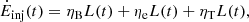 Mathematical equation: $$ \begin{aligned} \dot{E}_{\rm inj} (t) = \eta _{\rm B} L(t) + \eta _{\rm e} L(t) + \eta _{\rm T} L(t), \end{aligned} $$