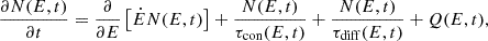 Mathematical equation: $$ \begin{aligned} \frac{\partial N(E,t)}{\partial t}= \frac{\partial }{\partial E} \left[\dot{E} N(E,t)\right] + \frac{N(E,t)}{\tau _{\rm con}(E,t)} + \frac{N(E,t)}{\tau _{\rm diff}(E,t)} + Q(E,t), \end{aligned} $$