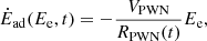 Mathematical equation: $$ \begin{aligned} \dot{E}_{\rm ad}(E_{\rm e}, t) = -\frac{V_{\rm PWN}}{R_{\rm PWN}(t)} E_{\rm e}, \end{aligned} $$