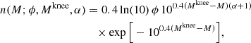 Mathematical equation: $$ \begin{aligned} \begin{aligned} n(M; \phi , M^\mathrm{knee}, \alpha )&= 0.4 \ln (10)\, \phi \, 10^{0.4 (M^\mathrm{knee} - M)(\alpha + 1)} \\&\quad \times \exp \Big [-10^{0.4 (M^\mathrm{knee} - M)}\Big ], \end{aligned} \end{aligned} $$