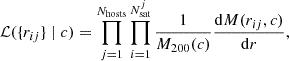 Mathematical equation: $$ \begin{aligned} \mathcal{L} (\{r_{ij}\}\mid c) = \prod _{j = 1}^{N_{\rm hosts}} \prod _{i = 1}^{N_{\rm sat}^j} \frac{1}{M_{200}(c)} \frac{\mathrm{d}M(r_{ij}, c)}{\mathrm{d}r}, \end{aligned} $$