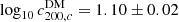 Mathematical equation: $ \log_{10} c_{200,c}^{\mathrm{DM}} = 1.10 \pm 0.02 $