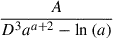 Mathematical equation: $ \frac{A}{D^{3} a^{a + 2} - \ln{\left(a \right)}} $