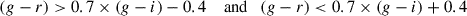 Mathematical equation: $$ (g-r) > 0.7 \times (g-i) - 0.4 \quad \text{ and} \quad (g-r) < 0.7 \times (g-i) + 0.4 $$