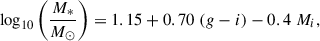 Mathematical equation: $$ \begin{aligned} \text{ log}_{10} \left(\frac{M_*}{M_\odot }\right) = 1.15 + 0.70\;(g-i) - 0.4\;M_i, \end{aligned} $$