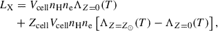 Mathematical equation: $$ \begin{aligned} L_\mathrm{X}&=V_\mathrm{cell} n_\mathrm{H} n_\mathrm{e} \Lambda _{Z=0}(T)\nonumber \\&+Z_\mathrm{cell} V_\mathrm{cell} n_\mathrm{H} n_\mathrm{e} \left[\Lambda _{Z=Z_\odot }(T) - \Lambda _{Z=0}(T)\right], \end{aligned} $$
