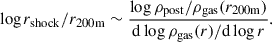 Mathematical equation: $$ \begin{aligned} \log r_\mathrm{shock} /r_\mathrm{200m} \sim \frac{\log \rho _\mathrm{post} /\rho _\mathrm{gas} (r_\mathrm{200m} )}{\mathrm{d} \log \rho _\mathrm{gas} (r)/\mathrm{d} \log r}. \end{aligned} $$