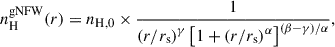 Mathematical equation: $$ \begin{aligned} n_\mathrm{H} ^\mathrm{gNFW} (r) = n_\mathrm{H,0} \times \frac{1}{\left(r/r_\mathrm{s} \right)^{\gamma }\left[1 + \left(r/r_\mathrm{s} \right)^\alpha \right]^{(\beta -\gamma )/\alpha }}, \end{aligned} $$