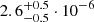 Mathematical equation: $ 2.6^{+0.5}_{-0.5}\cdot10^{-6} $