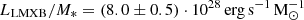 Mathematical equation: $ L_{\mathrm{LMXB}}/M_{\ast} = (8.0 \pm 0.5)\cdot 10^{28}\,\mathrm{erg\,s^{-1}\,M_{\odot}^{-1}} $