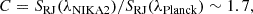 Mathematical equation: $$ \begin{aligned} C = S_{\rm RJ}(\lambda _{\rm NIKA2})/S_{\rm RJ}(\lambda _{\rm Planck}) \sim 1.7, \end{aligned} $$