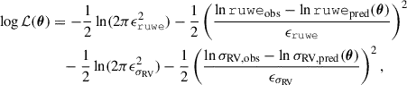 Mathematical equation: $$ \begin{aligned} \log \mathcal{L} (\boldsymbol{\theta })&= -\frac{1}{2} \ln (2\pi \epsilon ^2_\mathtt{ruwe }) -\frac{1}{2} \left(\frac{ \ln \mathtt {ruwe} _{\mathrm{obs}} - \ln \mathtt {ruwe}_{\mathrm{pred}} (\boldsymbol{\theta }) }{\epsilon _\mathtt{ruwe }} \right)^2 \nonumber \\&\quad -\frac{1}{2}\ln (2\pi \epsilon ^2_{\sigma _{\rm RV}}) -\frac{1}{2} \left(\frac{ \ln \sigma _{\mathrm{RV,obs}} - \ln \sigma _{\mathrm{RV,pred}}(\boldsymbol{\theta }) }{\epsilon _{\sigma _{\rm RV}}}\right)^2, \end{aligned} $$