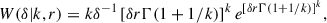 Mathematical equation: $$ \begin{aligned} W(\delta | k, r) = k \delta ^{-1} \left[ \delta r \Gamma (1+1/k) \right]^k e^{\left[ \delta r \Gamma (1+1/k) \right]^k }, \end{aligned} $$