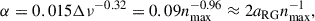 Mathematical equation: $$ \begin{aligned} \alpha = 0.015\Delta \nu ^{-0.32} = 0.09 n_{\rm max}^{-0.96} \approx 2 a_{\rm RG} n_{\rm max}^{-1}, \end{aligned} $$
