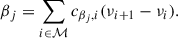 Mathematical equation: $$ \begin{aligned} \beta _j=\sum _{i \in \mathcal{M} }c_{\beta _j,i}(\nu _{i+1}-\nu _i). \end{aligned} $$