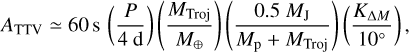 Mathematical equation: A_{\mathrm{TTV}}\simeq60\,\mathrm{s}\,\left(\frac{P}{4~\mathrm{d}}\right)\left(\frac{M_{\mathrm{Troj}}}{M_\oplus}\right)\left(\frac{0.5~M_{\mathrm{J}}}{M_{\mathrm{p}}+M_{\mathrm{Troj}}}\right)\left(\frac{K_{\Delta M}}{10{\si{\degree}}}\right),