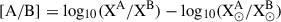 Mathematical equation: $ \rm [A/B]=log_{10}(X^A/X^B)-log_{10}(X^A_\odot/X^B_\odot) $