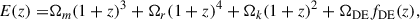 Mathematical equation: $$ \begin{aligned} \begin{split} E(z) =&\Omega _m (1+z)^3 + \Omega _{r} (1+z)^4 + \Omega _k (1+z)^2 + \Omega _{\text{DE}} f_{\text{DE}}(z), \end{split} \end{aligned} $$