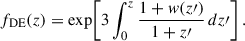 Mathematical equation: $$ \begin{aligned} f_{\mathrm{DE} }(z) = \exp \!\left[ 3 \int _0^z \frac{1 + w(z\prime )}{1 + z\prime } \, dz\prime \right]. \end{aligned} $$