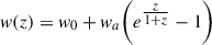 Mathematical equation: $$ { w}(z) = { w}_0 + { w}_a \!\left( e^{\tfrac{z}{1+z}} - 1 \right) $$