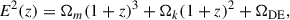 Mathematical equation: $$ \begin{aligned} \begin{split} E^2(z) = \Omega _m (1+z)^3 + \Omega _k (1+z)^2 + \Omega _{\text{DE}}, \end{split} \end{aligned} $$