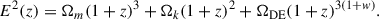 Mathematical equation: $$ \begin{aligned} E^2(z) = \Omega _m (1+z)^3 + \Omega _k (1+z)^2 + \Omega _{\text{DE}}(1+z)^{3(1+{ w})}. \end{aligned} $$