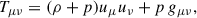 Mathematical equation: $$ \begin{aligned} T_{\mu \nu } = (\rho + p)u_\mu u_\nu + p\, g_{\mu \nu }, \end{aligned} $$