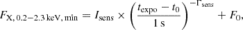 Mathematical equation: $$ \begin{aligned} F_{\mathrm{X} ,\,0.2{-}2.3\,\mathrm {keV,\,min} } = I_\mathrm{sens} \times \left(\frac{t_\mathrm{expo} - t_\mathrm{0} }{1\,\mathrm{s} }\right)^{-\Gamma _\mathrm{sens} } + F_\mathrm{0} , \end{aligned} $$