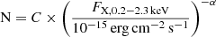 Mathematical equation: $$ \begin{aligned} \mathrm{N} = C \times \left(\frac{F_{\mathrm{X} , 0.2-2.3\,\mathrm{keV} }}{10^{-15}\,\mathrm{erg} \,\mathrm{cm} ^{-2}\,\mathrm{s} ^{-1}} \right)^{-\alpha } \end{aligned} $$