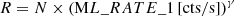 Mathematical equation: $$ \begin{aligned} R = N \times (\mathrm ML\_RATE\_1 \,[\mathrm{cts} /\mathrm{s} ])^\gamma \end{aligned} $$