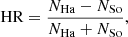 Mathematical equation: $$ \begin{aligned} \mathrm{HR} = \frac{N_\mathrm{Ha} -N_\mathrm{So} }{N_\mathrm{Ha} +N_\mathrm{So} }, \end{aligned} $$