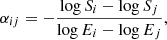 Mathematical equation: $$ \begin{aligned} \alpha _{ij} = - \frac{\log S_i - \log S_j}{\log E_i - \log E_j}, \end{aligned} $$