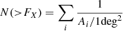Mathematical equation: $$ \begin{aligned} N({>}F_X) = \sum _{i} \frac{1}{A_i/1 \mathrm{deg} ^2} \end{aligned} $$