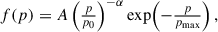 Mathematical equation: $$ \begin{aligned} f(p) = A\left(\tfrac{p}{p_0}\right)^{-\alpha }\exp \!\left(-\tfrac{p}{p_{\rm {max}}}\right) ,\end{aligned} $$