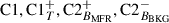 Mathematical equation: $ \mathrm{C1},\mathrm{C1}_ {T}^{+},\mathrm{C2}_{B_{\mathrm{MFR}}}^{+},\mathrm{C2}_{B_{\mathrm{BKG}}}^{-} $