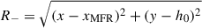 Mathematical equation: $ R_- = \sqrt{(x - x_{\mathrm{MFR}})^2 + (y - h_0)^2} $