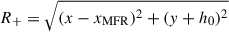 Mathematical equation: $ R_+ = \sqrt{(x - x_{\mathrm{MFR}})^2 + (y + h_0)^2} $
