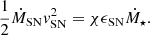 Mathematical equation: $$ \begin{aligned} \frac{1}{2} \dot{M}_{\rm SN} v_{\rm SN}^2 = \chi \epsilon _{\rm SN} \dot{M}_{\star } . \end{aligned} $$