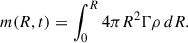 Mathematical equation: $$ \begin{aligned} m(R, t) = \int _0^R 4 \pi R^2 \Gamma \rho \, dR. \end{aligned} $$