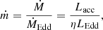 Mathematical equation: $$ \begin{aligned} \dot{m} = \dfrac{\dot{M}}{\dot{M}_{\rm Edd}} = \dfrac{L_{\rm acc}}{\eta L_{\rm Edd}}, \end{aligned} $$