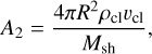 Mathematical equation: $\[A_2=\frac{4 \pi R^2 \rho_{\mathrm{cl}} v_{\mathrm{cl}}}{M_{\mathrm{sh}}},\]$