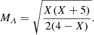 Mathematical equation: $$ \begin{aligned} M_A = \sqrt{\frac{X(X+5)}{2(4-X)}}. \end{aligned} $$