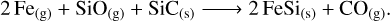 Mathematical equation: $\[2~\mathrm{Fe}_{(\mathrm{g})}+\mathrm{SiO}_{(\mathrm{g})}+\mathrm{SiC}_{(\mathrm{s})} \longrightarrow 2 ~\mathrm{FeSi}_{(\mathrm{s})}+\mathrm{CO}_{(\mathrm{g})}.\]$