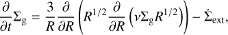 Mathematical equation: $\[\frac{\partial}{\partial t} \Sigma_{\mathrm{g}}=\frac{3}{R} \frac{\partial}{\partial R}\left(R^{1 / 2} \frac{\partial}{\partial R}\left(v \Sigma_{\mathrm{g}} R^{1 / 2}\right)\right)-\dot{\Sigma}_{\mathrm{ext}},\]$