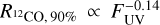 Mathematical equation: $\[R_{{ }^{12} \mathrm{CO}, 90 \%} \propto F_{\mathrm{UV}}^{-0.14}\]$