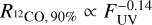 Mathematical equation: $\[R_{{ }^{12} \mathrm{CO}, 90 \%} \propto F_{\mathrm{UV}}^{-0.14}\]$